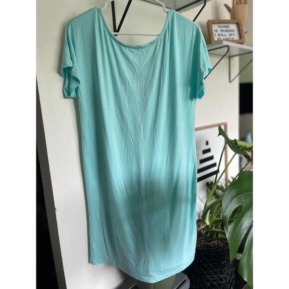 Mint Blue Dress With Pockets Criss Cross Short Sleeve Beach Tunic T Shirt Dress - Picture 9 of 12